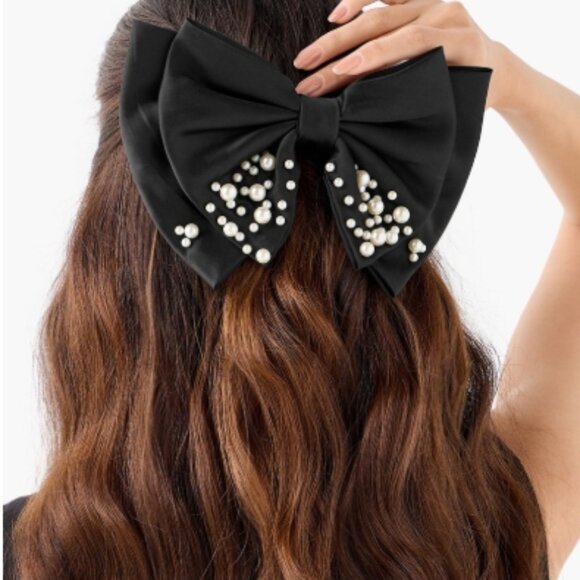 New!!! Pearl Embellished Bow Barrette Hair Clip Black Bow with Pearls - Picture 1 of 6